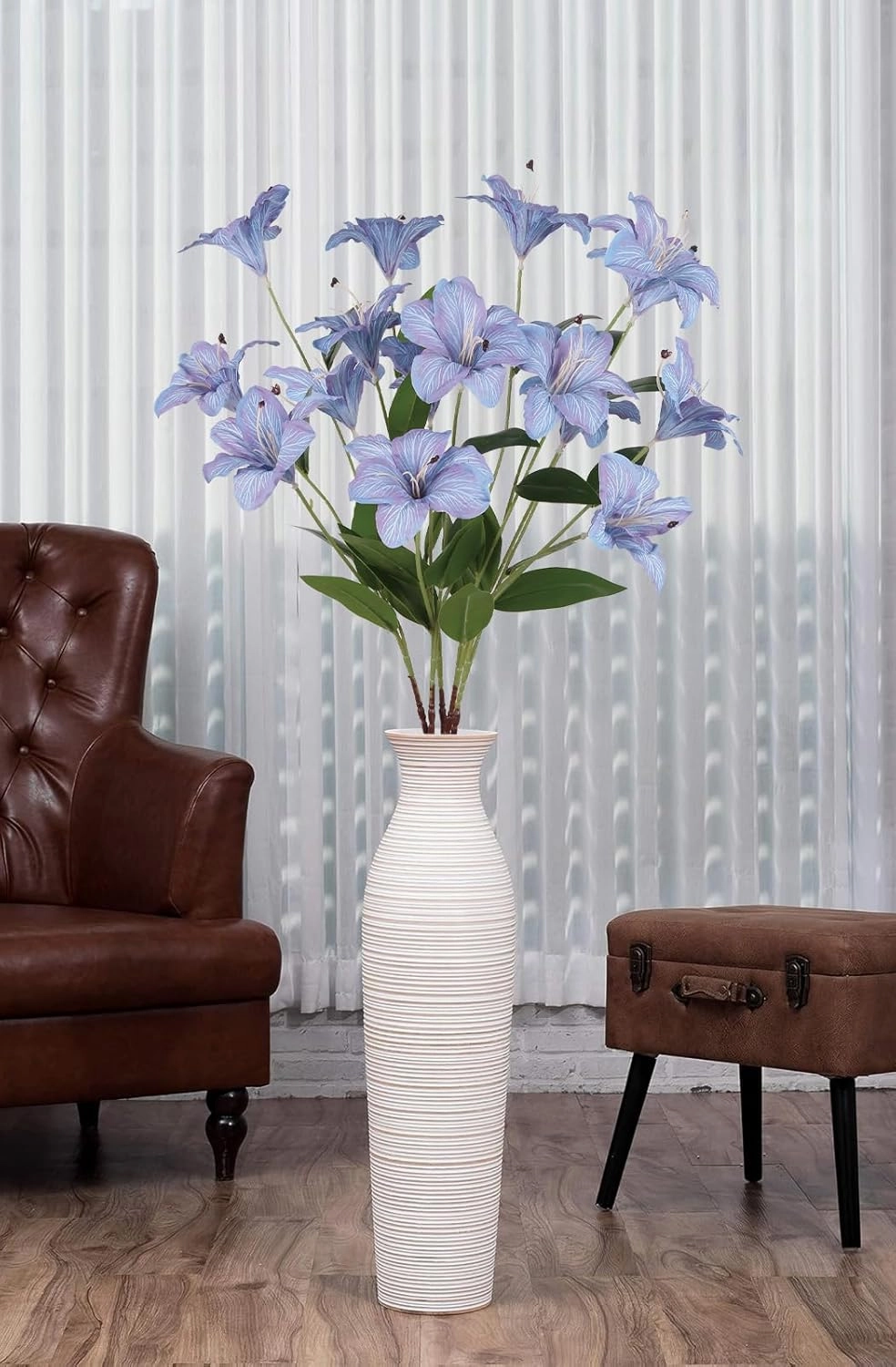 Blue Artificial Lilies Long Stem 5 Pcs 33.85” Realistic Lilies Flower Home Decor 3 Heads Blooming Lily for Room Home Bath Outdoor Garden Party Aisle Arrangement(Blue)