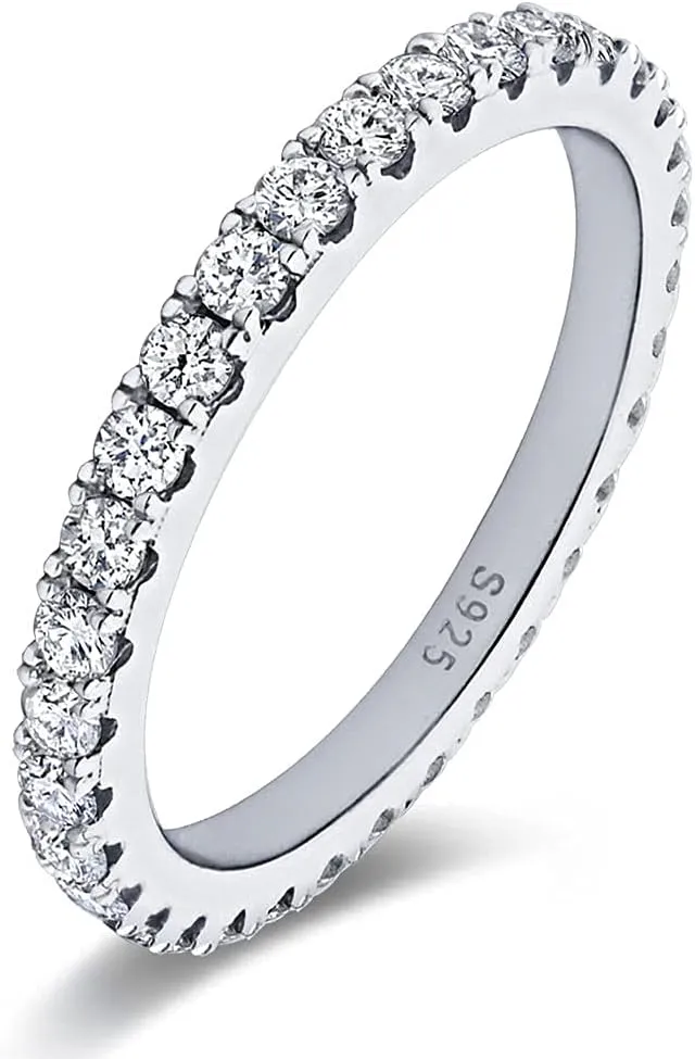 Bo.Dream 1.5mm/2.2mm/3mm Round Cubic Zirconia CZ Full/Half Eternity Rings Wedding Band Sterling Silver