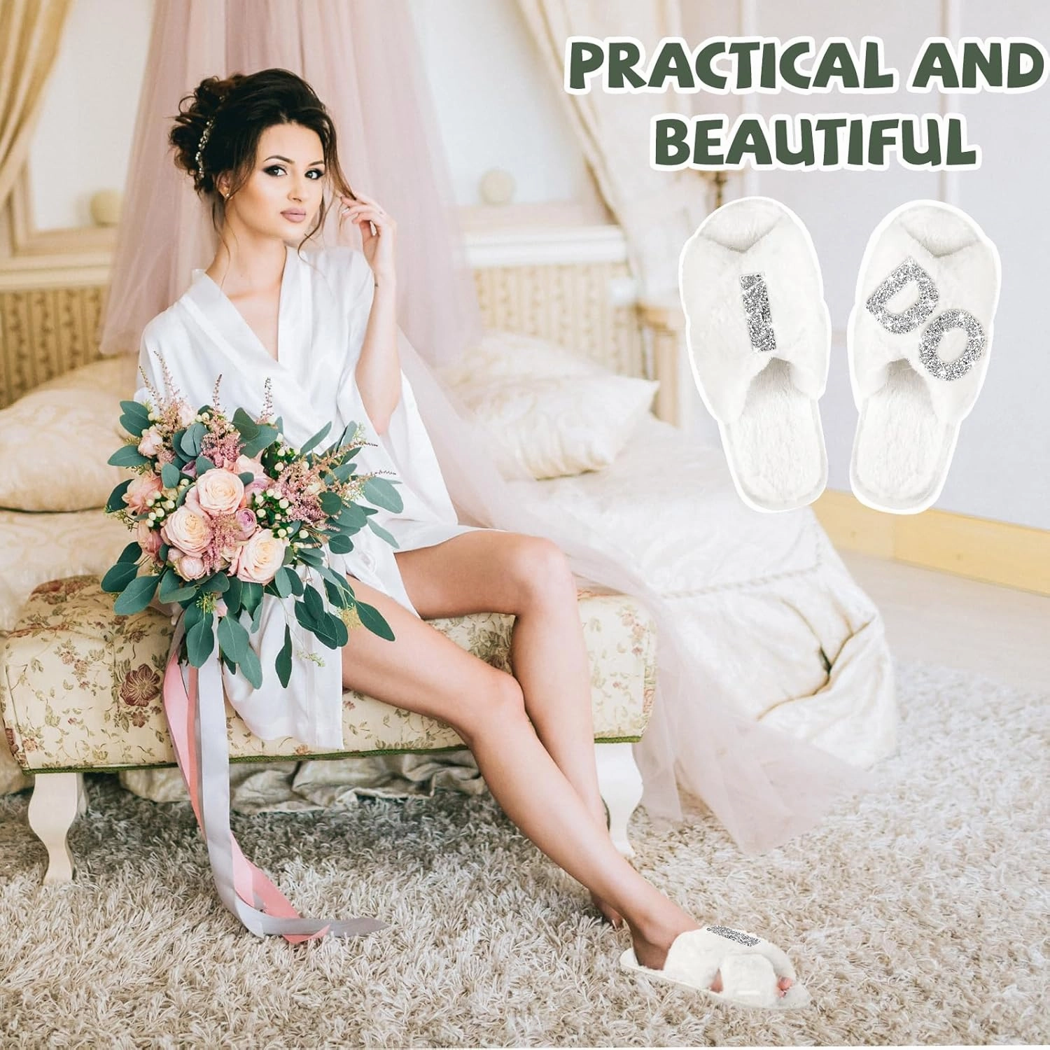 Bride Slippers for Wedding Day - White Bridal Shoes - 'I Do' Wedding Slippers for Brides