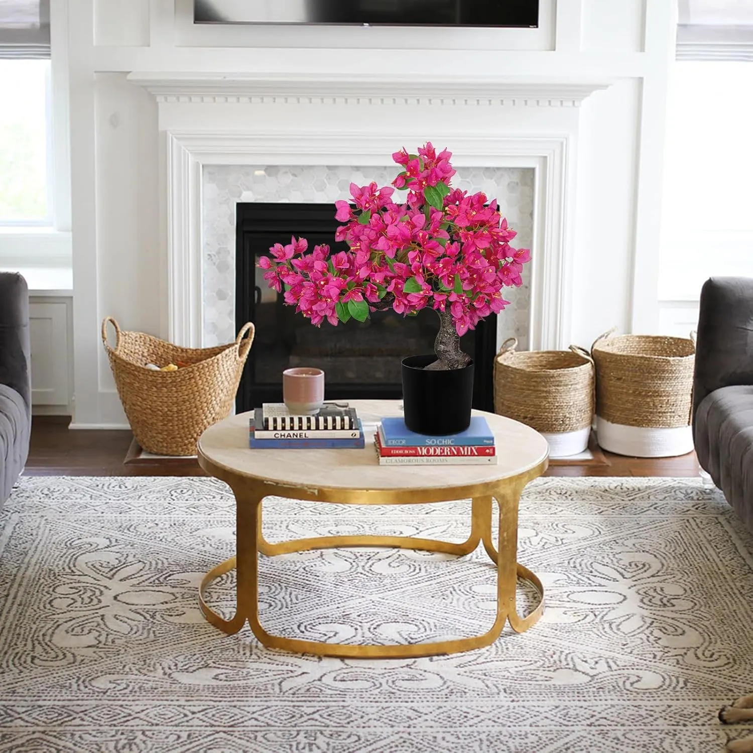 Briful Artificial Bougainvillea Flower Plant 20.8" Bougainvillea Bonsai Tree with Black Pot Silk Bougainvillea Floral Centerpiece for Home Office Dining Table Shelf Bathroom Decor(Hot Pink)