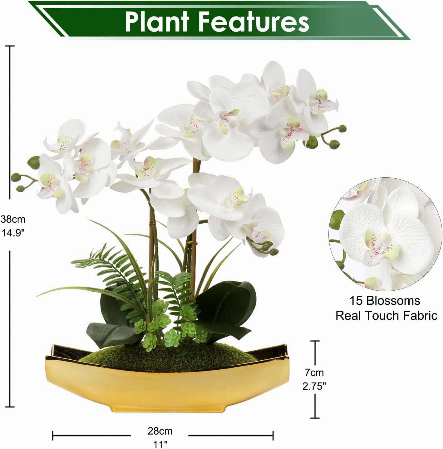 Briful Orchids Artificial Flowers 15" White Phalaenopsis Orchid with Gold Pots Real Touch Faux Orchid Flower for Home Office Bedroom Table Centerpiece Desk Decor