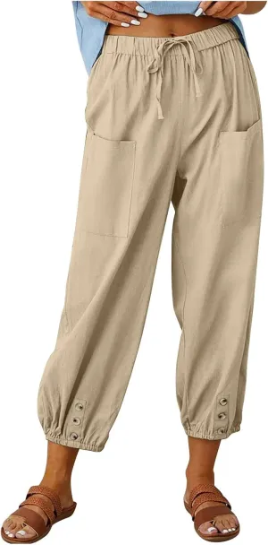 Capri Pants for Women Plus Size Loose Summer Beach Cropped Pants Vintage Waisted Drawstring Linen Capris Pants with Pockets