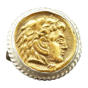 Caprixus 925 Sterling Silver Signet Ring Ancient Alexander The Great Coin 24K Gold Vermeil Two Tone Hammered Twisted Rope Setting Designer Handmade Greek Art Artisan Turkish Fine Jewelry for Women