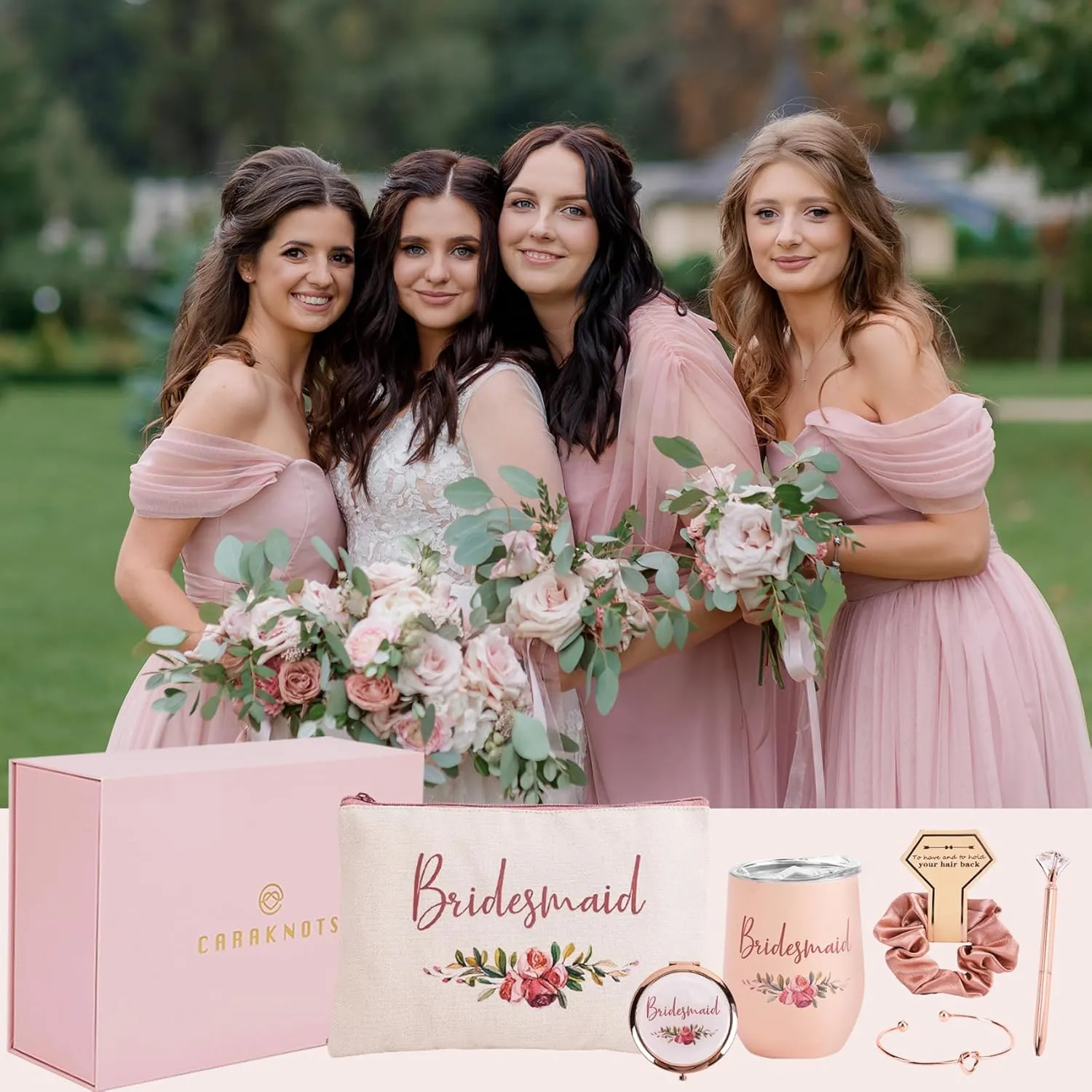 CARAKNOTS Bridesmaid Proposal Gifts Will You Be My Bridesmaid Pink Bridesmaids Box for Wedding Bridal Bachelorette Party Favor Stainless Steel Wine Tumbler 12 oz