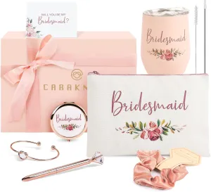 CARAKNOTS Bridesmaid Proposal Gifts Will You Be My Bridesmaid Pink Bridesmaids Box for Wedding Bridal Bachelorette Party Favor Stainless Steel Wine Tumbler 12 oz