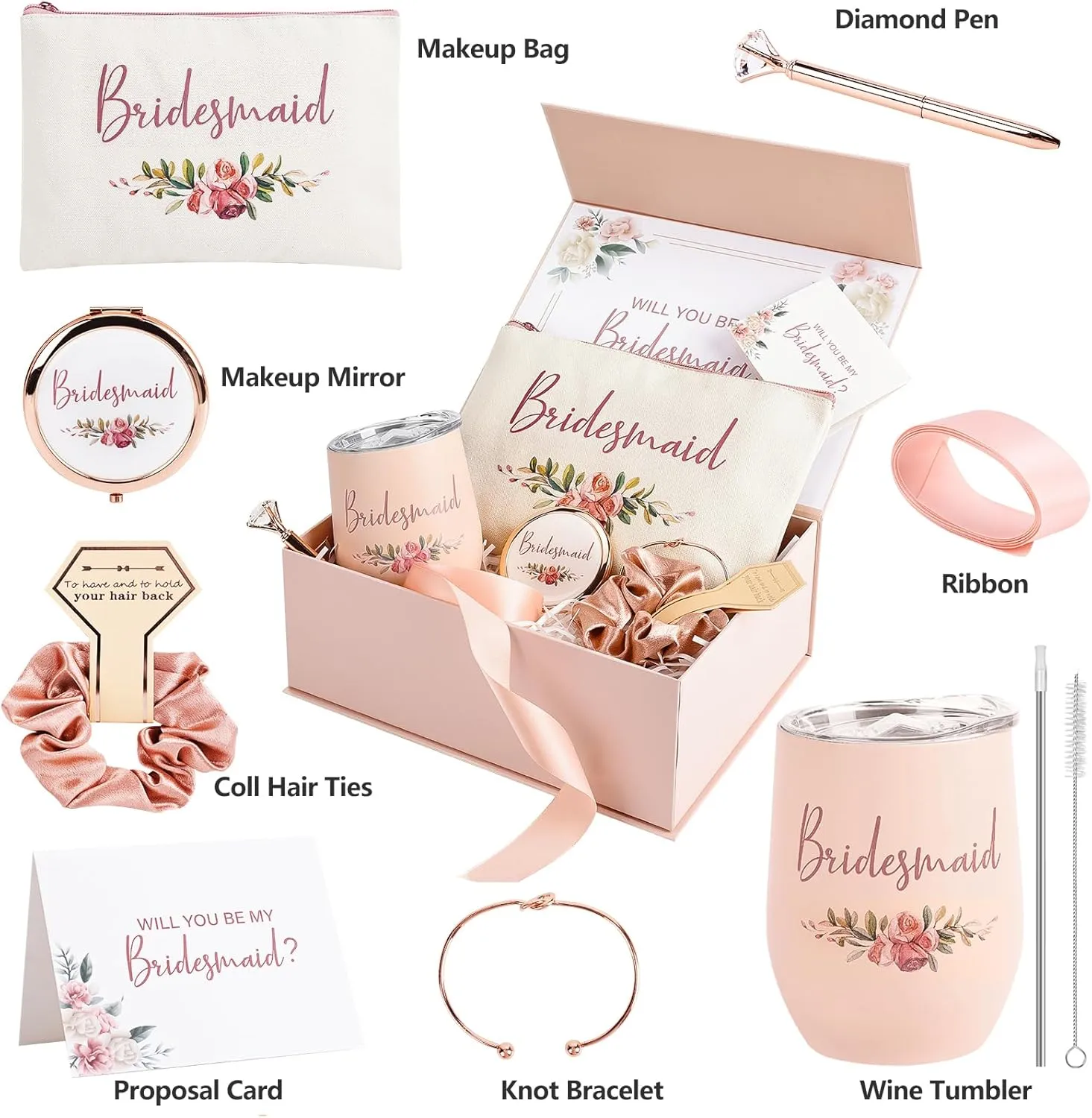 CARAKNOTS Bridesmaid Proposal Gifts Will You Be My Bridesmaid Pink Bridesmaids Box for Wedding Bridal Bachelorette Party Favor Stainless Steel Wine Tumbler 12 oz