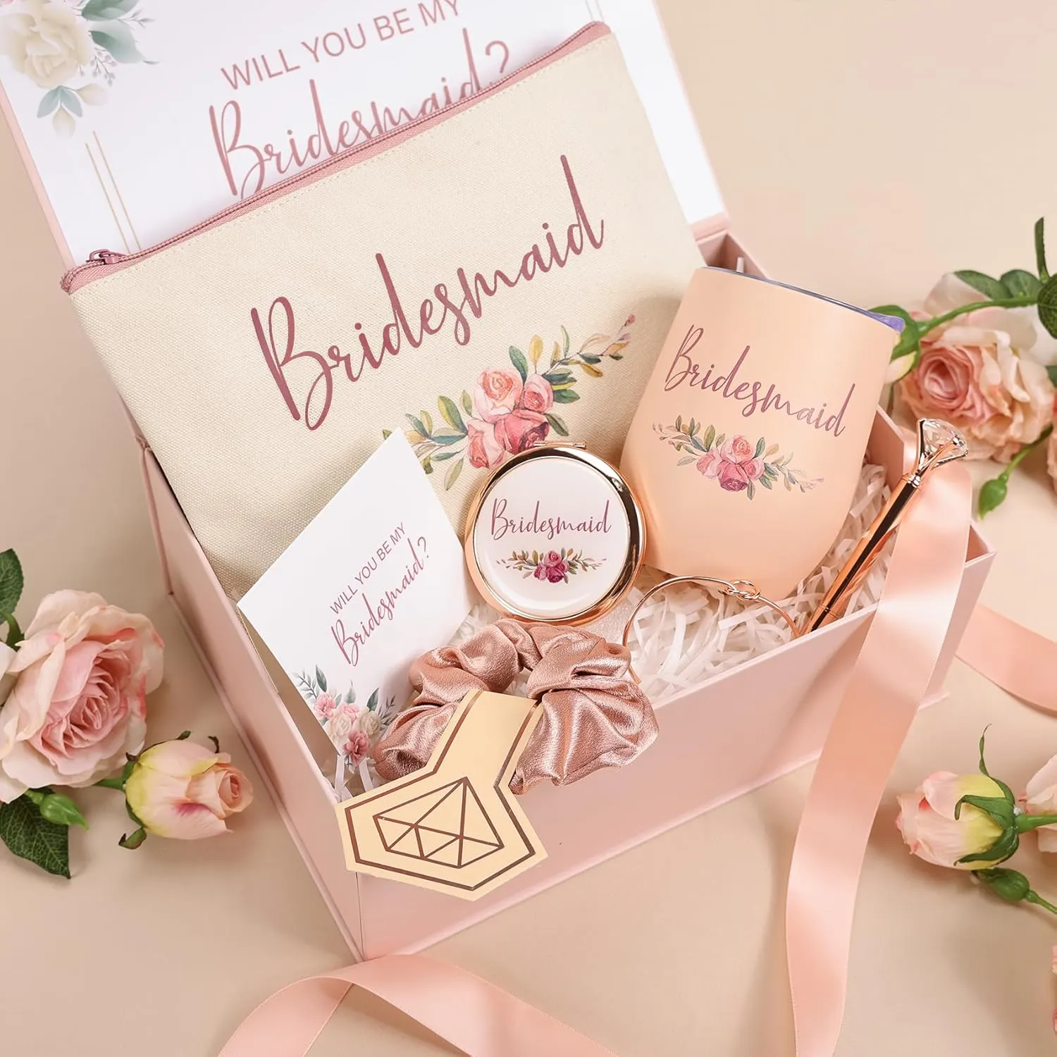 CARAKNOTS Bridesmaid Proposal Gifts Will You Be My Bridesmaid Pink Bridesmaids Box for Wedding Bridal Bachelorette Party Favor Stainless Steel Wine Tumbler 12 oz