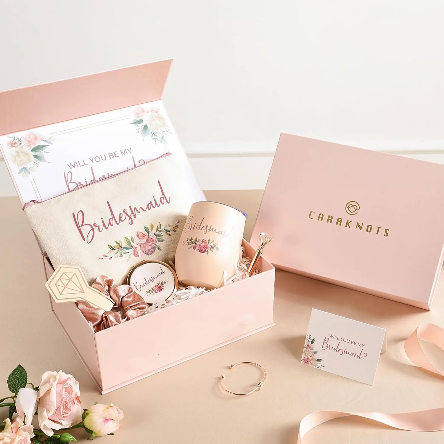 CARAKNOTS Bridesmaid Proposal Gifts Will You Be My Bridesmaid Pink Bridesmaids Box for Wedding Bridal Bachelorette Party Favor Stainless Steel Wine Tumbler 12 oz