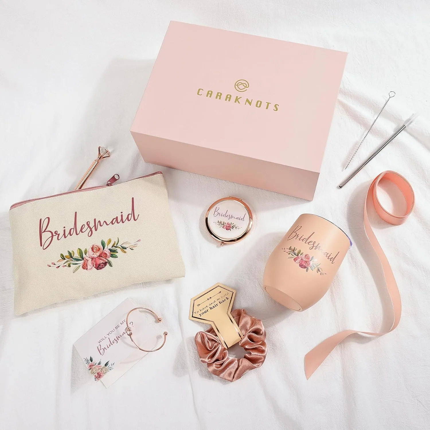 CARAKNOTS Bridesmaid Proposal Gifts Will You Be My Bridesmaid Pink Bridesmaids Box for Wedding Bridal Bachelorette Party Favor Stainless Steel Wine Tumbler 12 oz
