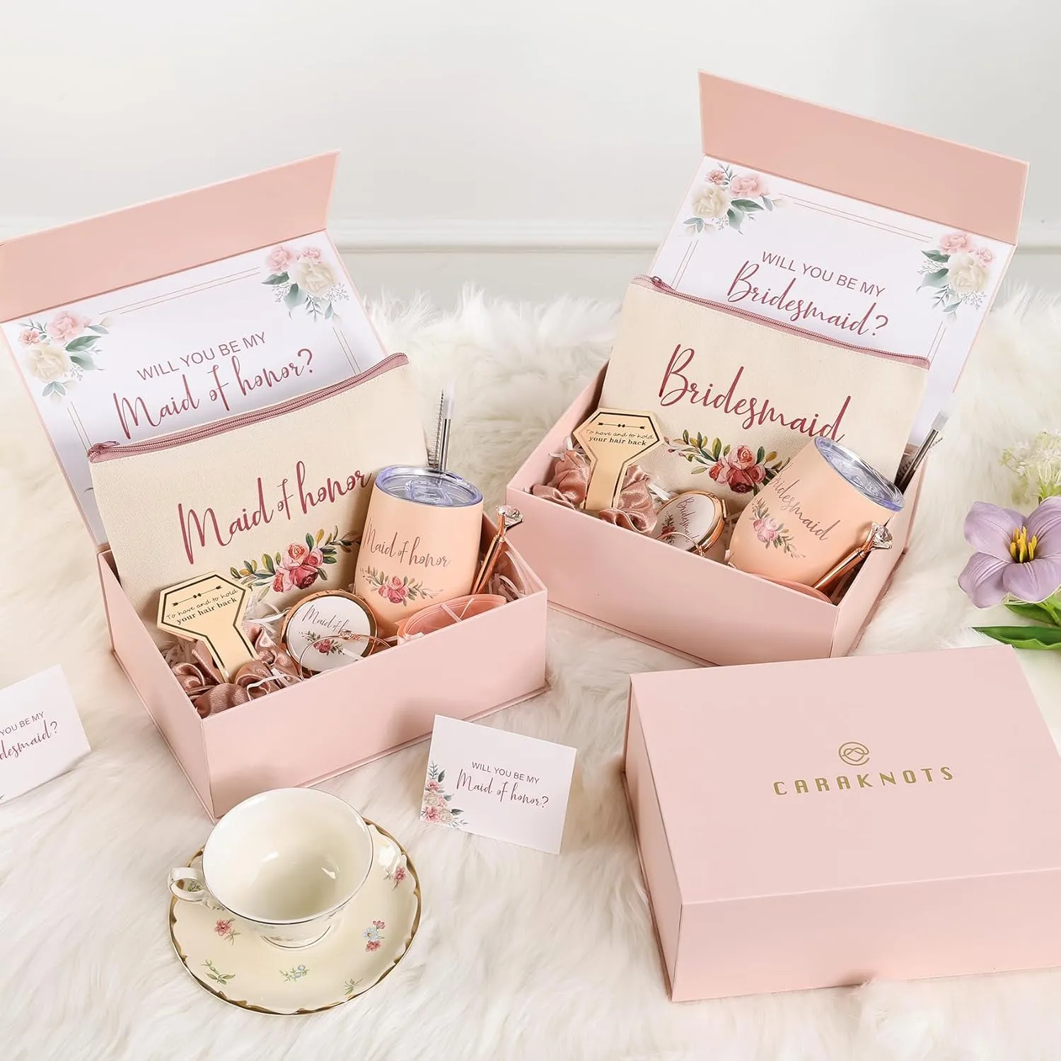 CARAKNOTS Bridesmaid Proposal Gifts Will You Be My Bridesmaid Pink Bridesmaids Box for Wedding Bridal Bachelorette Party Favor Stainless Steel Wine Tumbler 12 oz