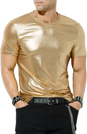 Casey Kevin Mens Metallic T-Shirts 70s Disco Outfits for Mens Holographic Short Sleeve Shiny Tops