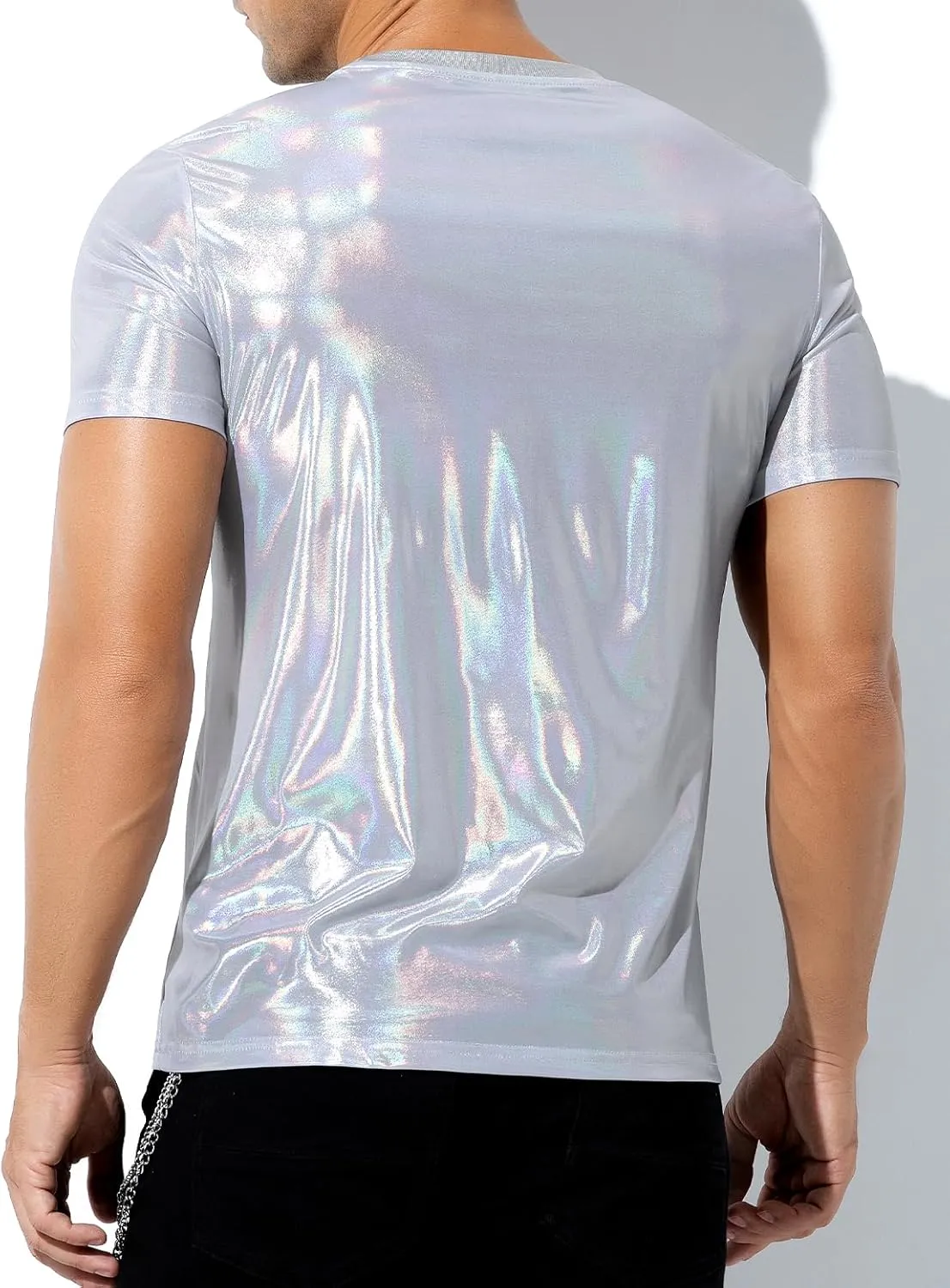 Casey Kevin Mens Metallic T-Shirts 70s Disco Outfits for Mens Holographic Short Sleeve Shiny Tops