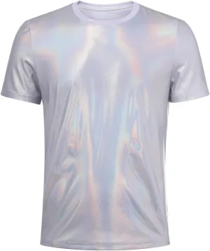 Casey Kevin Mens Metallic T-Shirts 70s Disco Outfits for Mens Holographic Short Sleeve Shiny Tops