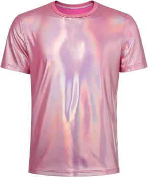 Casey Kevin Mens Metallic T-Shirts 70s Disco Outfits for Mens Holographic Short Sleeve Shiny Tops