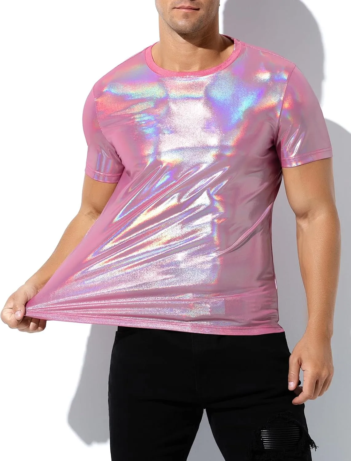 Casey Kevin Mens Metallic T-Shirts 70s Disco Outfits for Mens Holographic Short Sleeve Shiny Tops