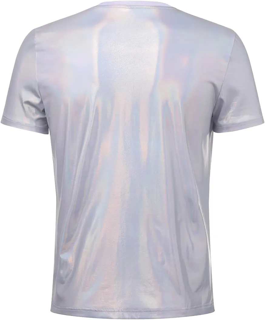 Casey Kevin Mens Metallic T-Shirts 70s Disco Outfits for Mens Holographic Short Sleeve Shiny Tops
