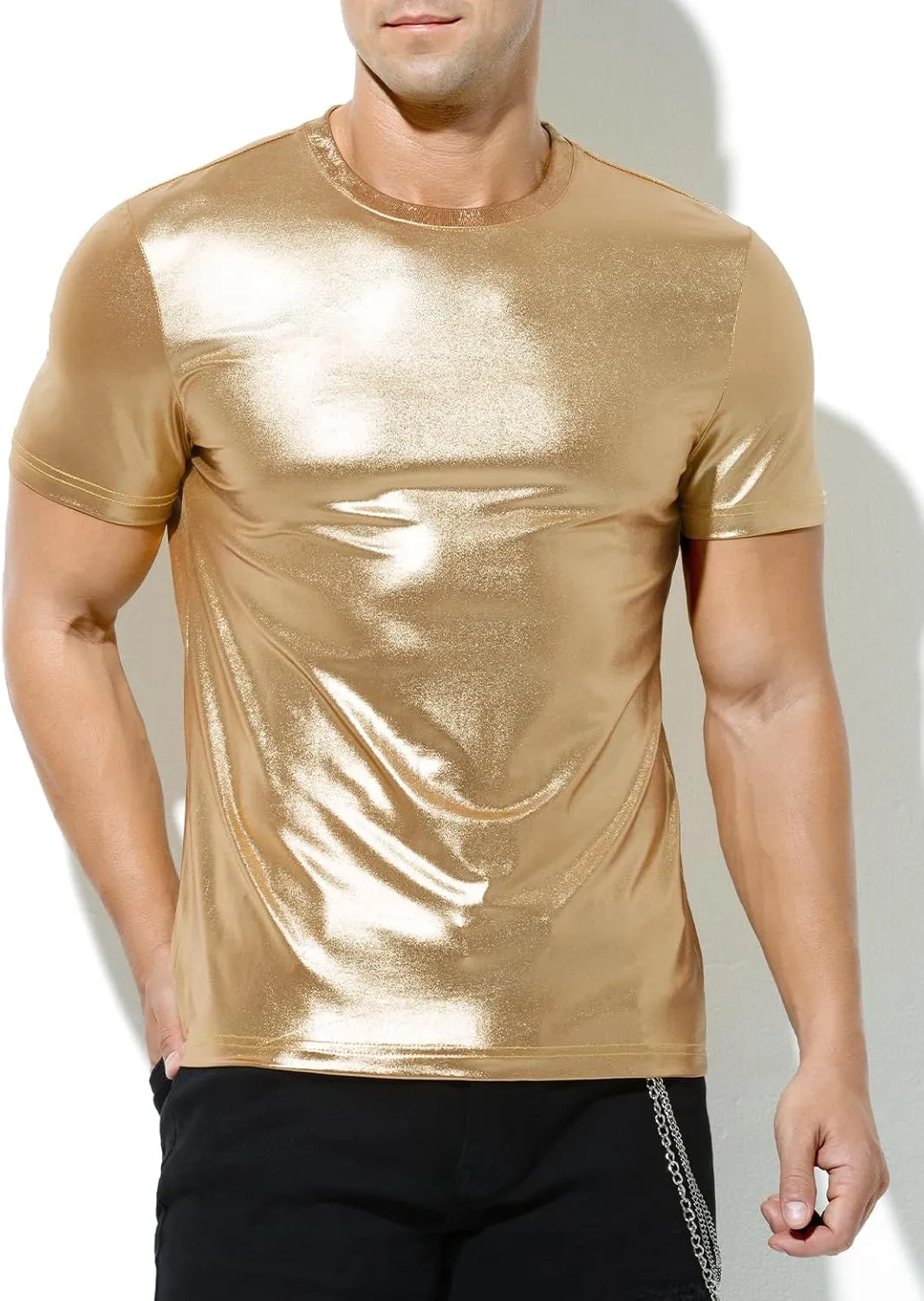 Casey Kevin Mens Metallic T-Shirts 70s Disco Outfits for Mens Holographic Short Sleeve Shiny Tops