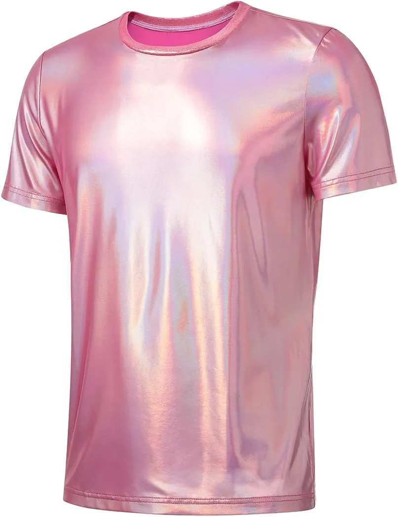 Casey Kevin Mens Metallic T-Shirts 70s Disco Outfits for Mens Holographic Short Sleeve Shiny Tops