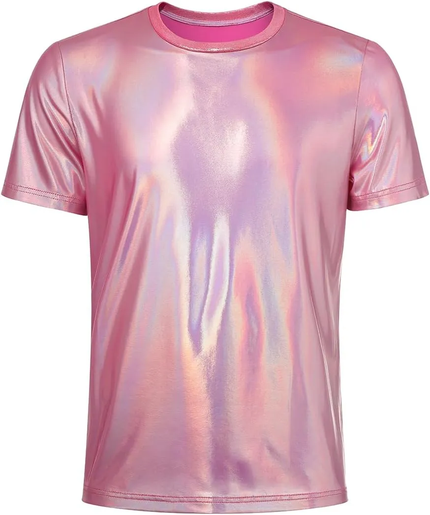 Casey Kevin Mens Metallic T-Shirts 70s Disco Outfits for Mens Holographic Short Sleeve Shiny Tops