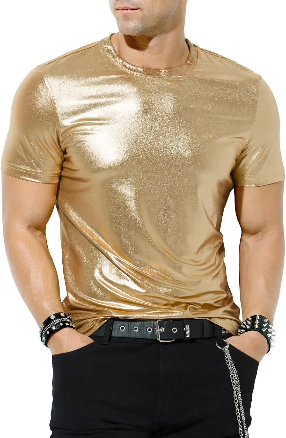 Casey Kevin Mens Metallic T-Shirts 70s Disco Outfits for Mens Holographic Short Sleeve Shiny Tops