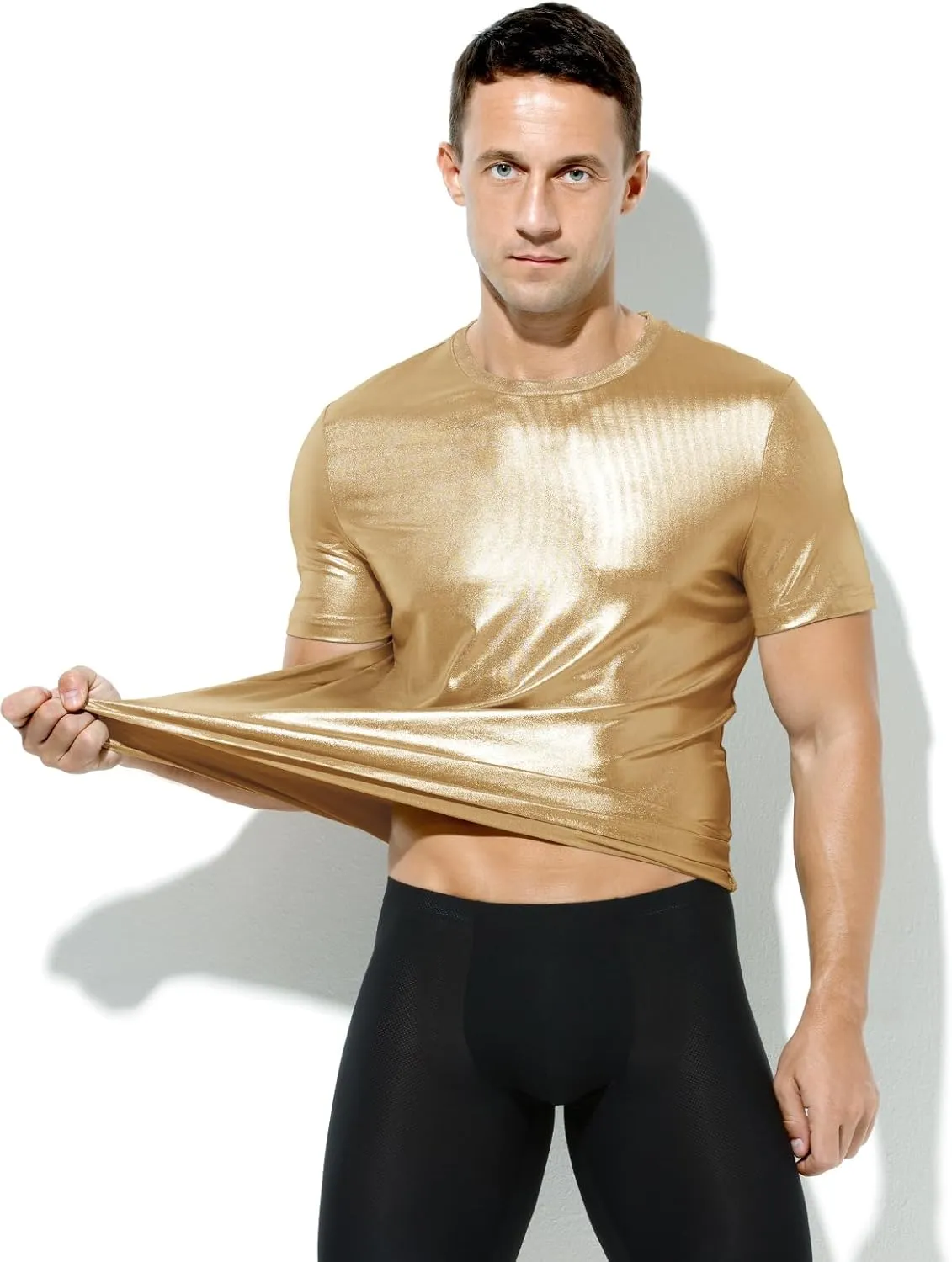 Casey Kevin Mens Metallic T-Shirts 70s Disco Outfits for Mens Holographic Short Sleeve Shiny Tops
