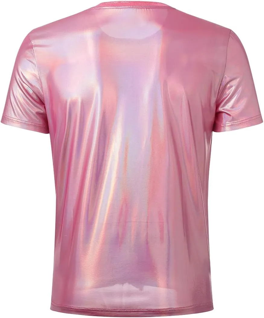 Casey Kevin Mens Metallic T-Shirts 70s Disco Outfits for Mens Holographic Short Sleeve Shiny Tops