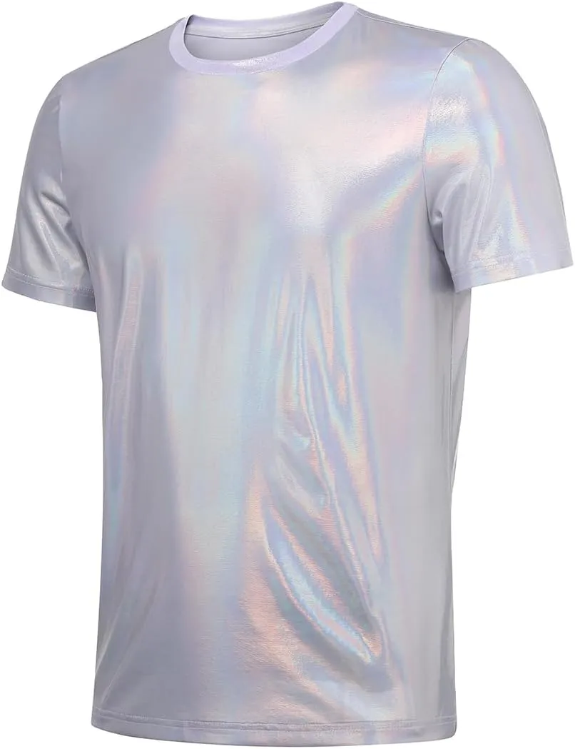 Casey Kevin Mens Metallic T-Shirts 70s Disco Outfits for Mens Holographic Short Sleeve Shiny Tops