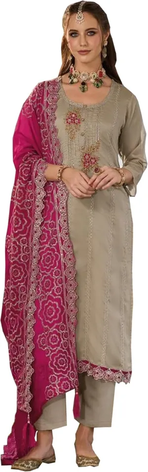 Casual Wear Indian Ready To Wear Salwar Kameez Suits Pakistani Trouser Pant Dress (US, Numeric, 46, Regular, Regular, Grey Pink)