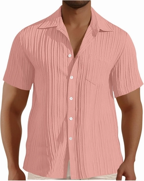 Casual Shirts for Men Summer Loose Fashion Button Down Shirts Vacation Solid Pleated Lapel Short Sleeve Top Clothes