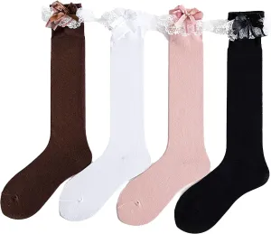 CAT KO Women Soft Knee High Socks Lovely&Cute Solid color Lace Ruffle Bow Girls socks for Lolita (4 Pairs)