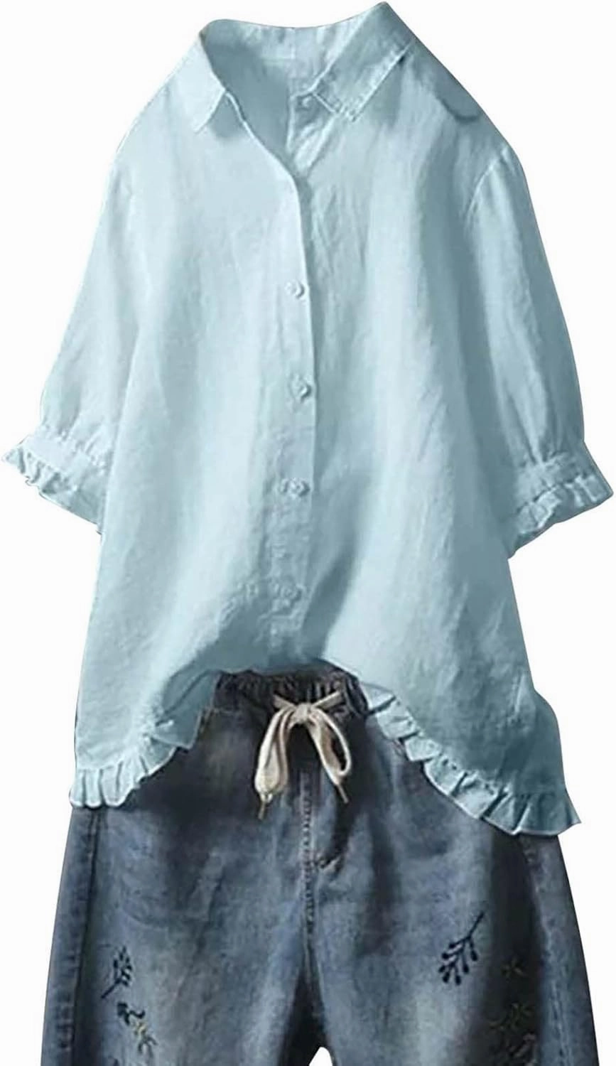 Ceboyel Women Button Down Linen Shirts Solid Summer Casual Blouses Ruffle Hem Flowy Tops Trendy Ladies Going Out Clothes 2023