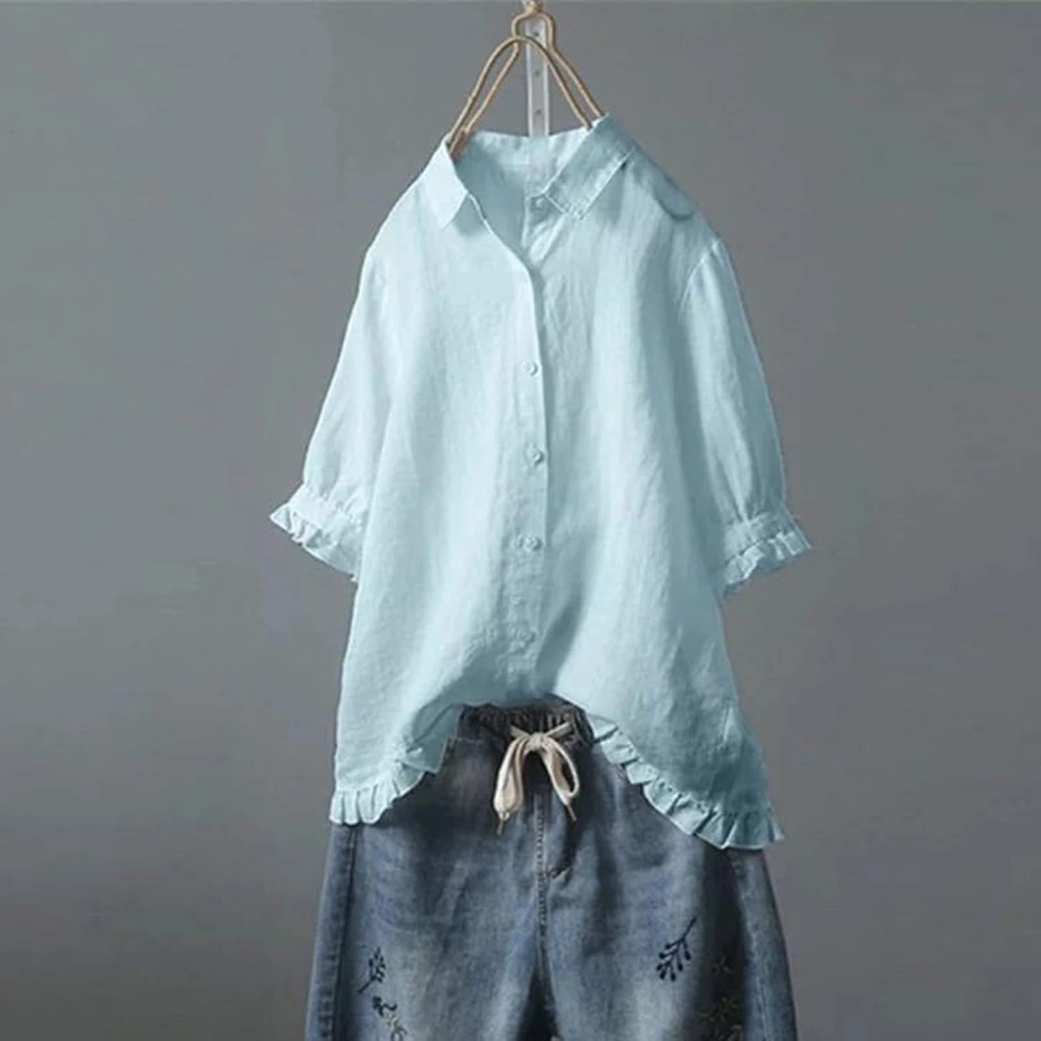 Ceboyel Women Button Down Linen Shirts Solid Summer Casual Blouses Ruffle Hem Flowy Tops Trendy Ladies Going Out Clothes 2023