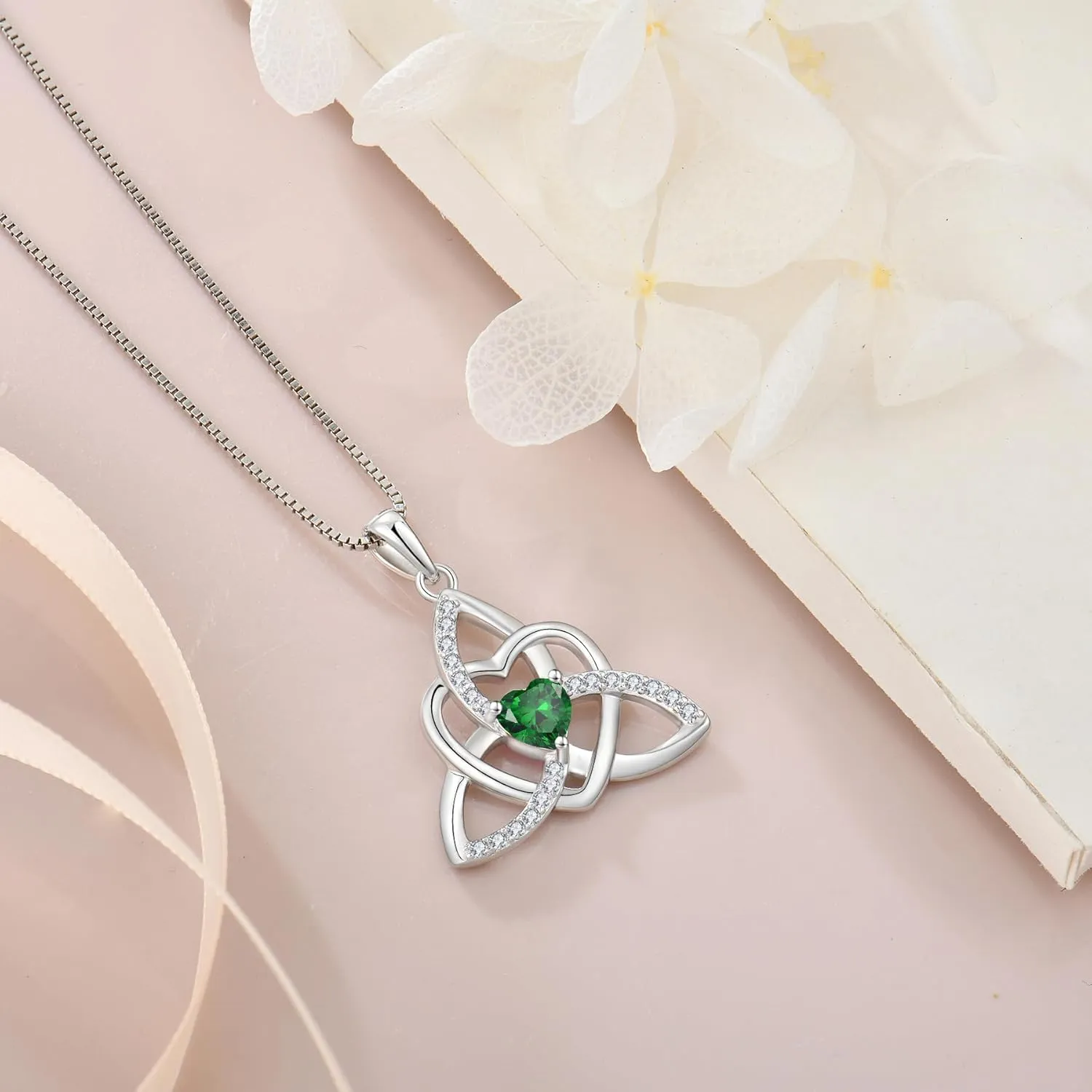 Celtic Knot Heart Necklace 925 Sterling Silver Trinity Love Knot Pendant Birthstones Jewelry Gifts Necklace for Women