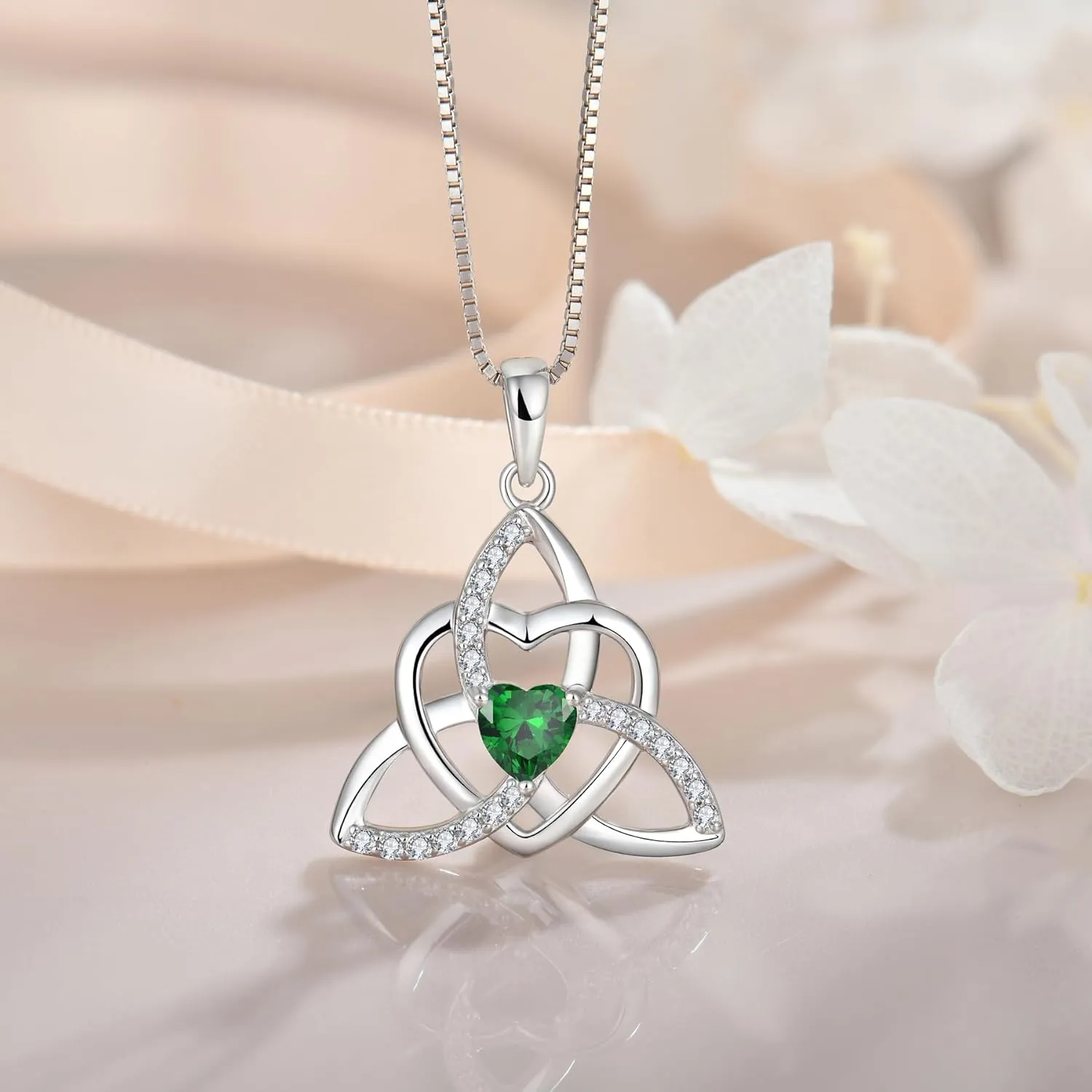 Celtic Knot Heart Necklace 925 Sterling Silver Trinity Love Knot Pendant Birthstones Jewelry Gifts Necklace for Women