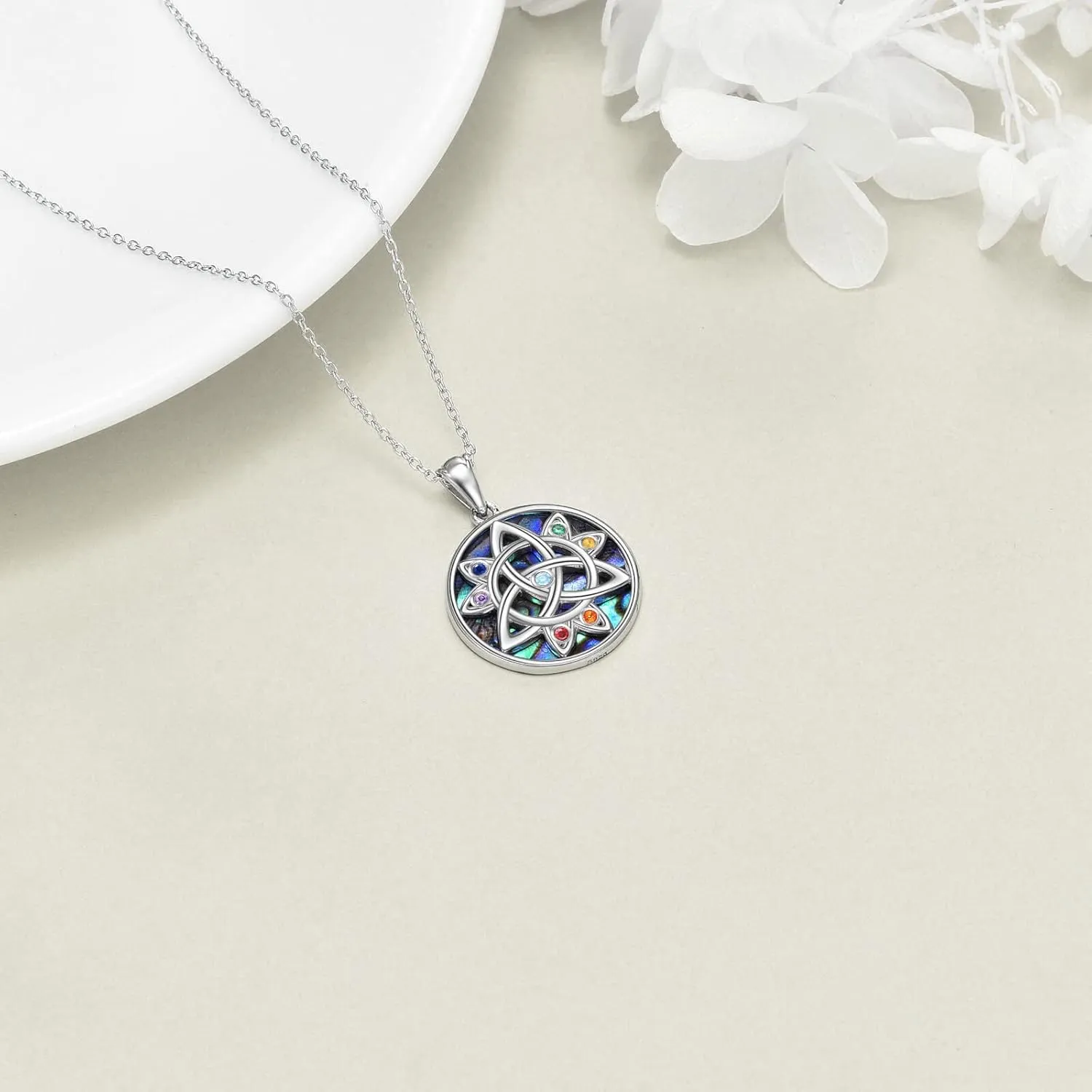 Chakra Lotus Necklace 925 Sterling Silver Yoga Pendant Abalone Shell Jewelry Gift for Women Spiritual Amulet Necklace for Men