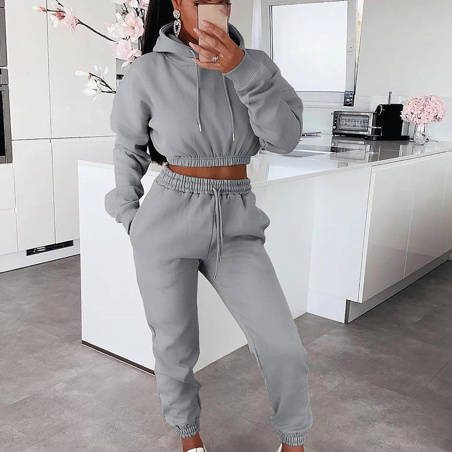 Charella Two Piece Sweatsuit Outfits for Women's Solid Pullover Hoodies Drawstring Cinch Bottom Trousers Sets With Pocket