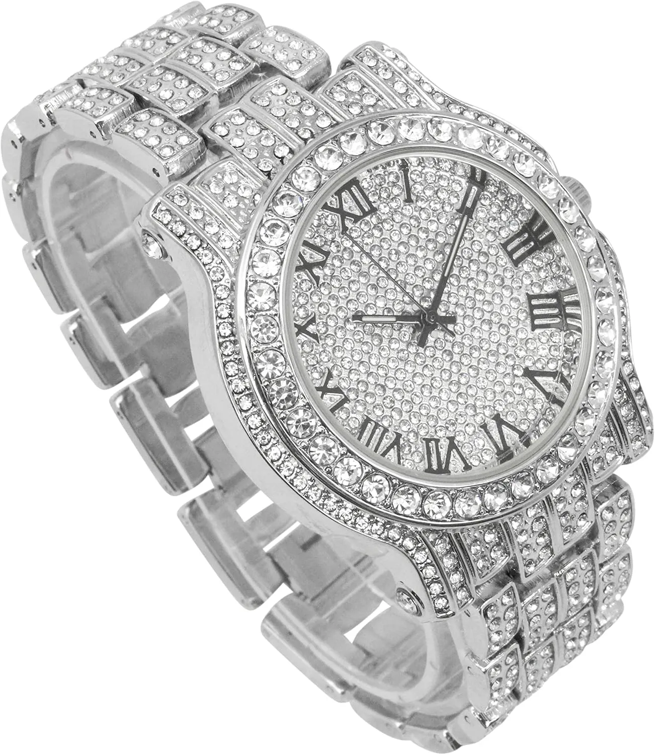 Charles Raymond Mens Silver Big Rocks with Roman Numerals Fully Iced Out Colorful Dial Watch w/Bling'ed Out Cuban Shiny Silver Bracelet - ST10327 RN Cuban