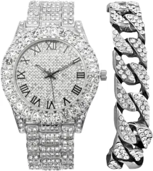 Charles Raymond Mens Silver Big Rocks with Roman Numerals Fully Iced Out Colorful Dial Watch w/Bling'ed Out Cuban Shiny Silver Bracelet - ST10327 RN Cuban