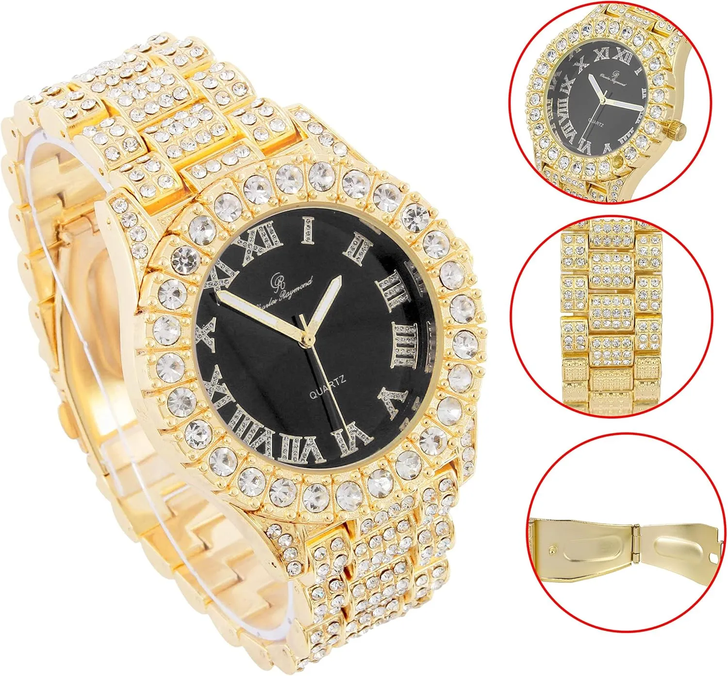 Charles Raymond Mens Silver Big Rocks with Roman Numerals Fully Iced Out Colorful Dial Watch w/Bling'ed Out Cuban Shiny Silver Bracelet - ST10327 RN Cuban