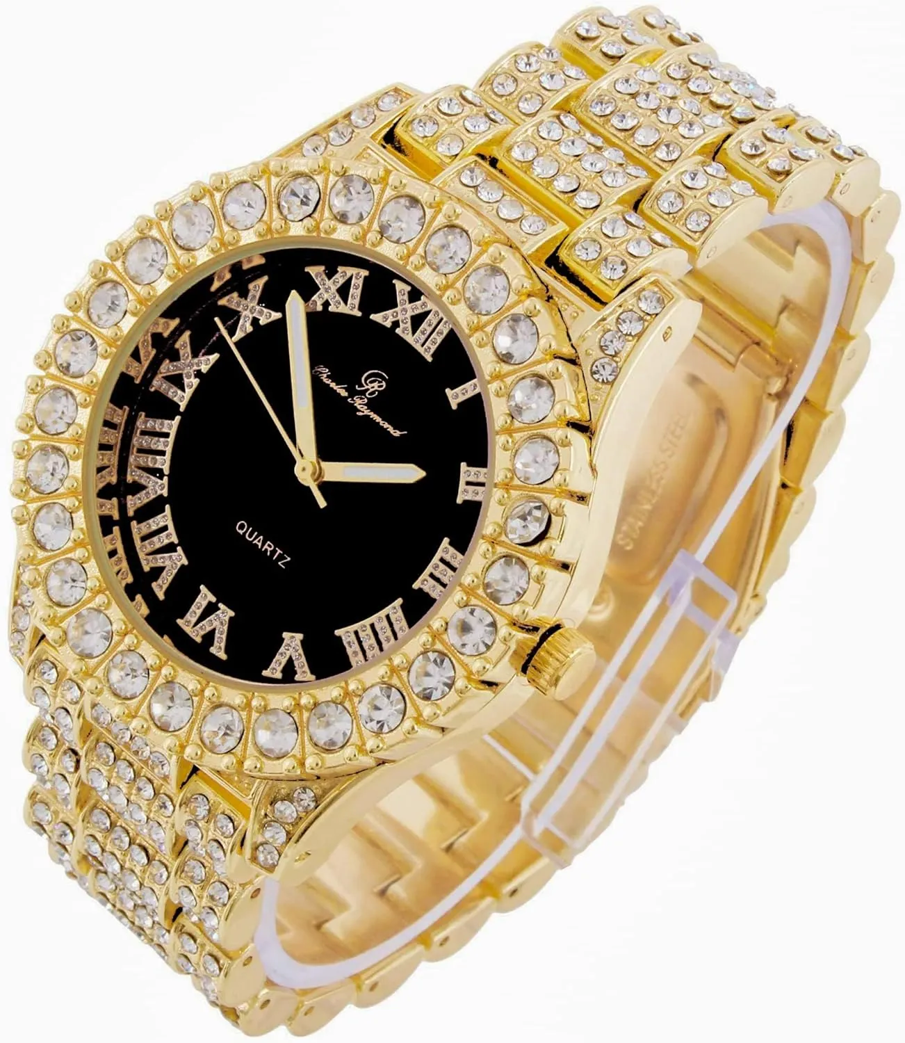 Charles Raymond Mens Silver Big Rocks with Roman Numerals Fully Iced Out Colorful Dial Watch w/Bling'ed Out Cuban Shiny Silver Bracelet - ST10327 RN Cuban