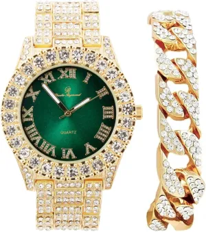 Charles Raymond Mens Silver Big Rocks with Roman Numerals Fully Iced Out Colorful Dial Watch w/Bling'ed Out Cuban Shiny Silver Bracelet - ST10327 RN Cuban