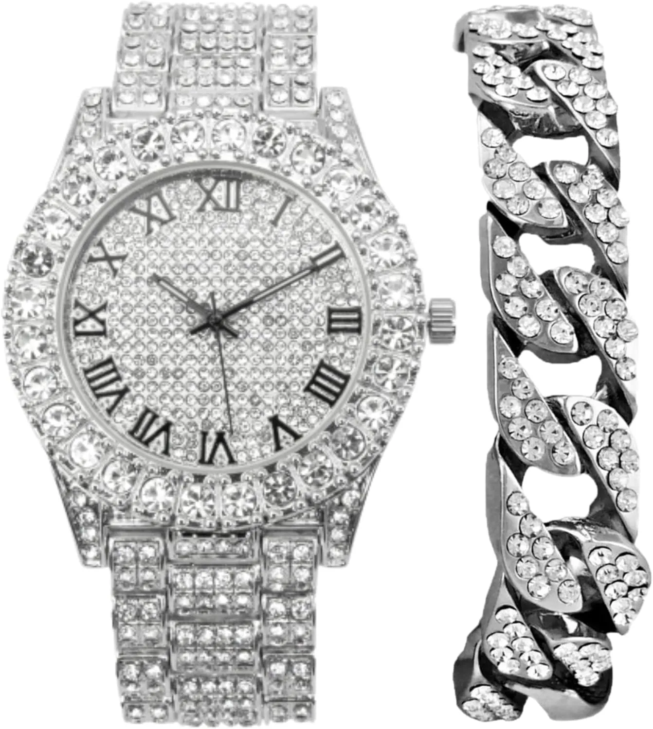 Charles Raymond Mens Silver Big Rocks with Roman Numerals Fully Iced Out Colorful Dial Watch w/Bling'ed Out Cuban Shiny Silver Bracelet - ST10327 RN Cuban