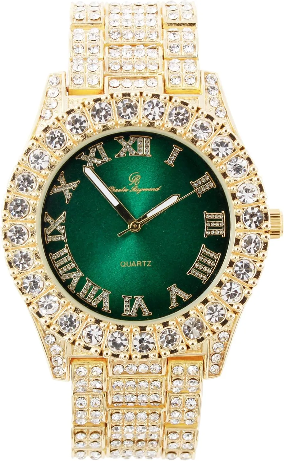 Charles Raymond Mens Silver Big Rocks with Roman Numerals Fully Iced Out Colorful Dial Watch w/Bling'ed Out Cuban Shiny Silver Bracelet - ST10327 RN Cuban