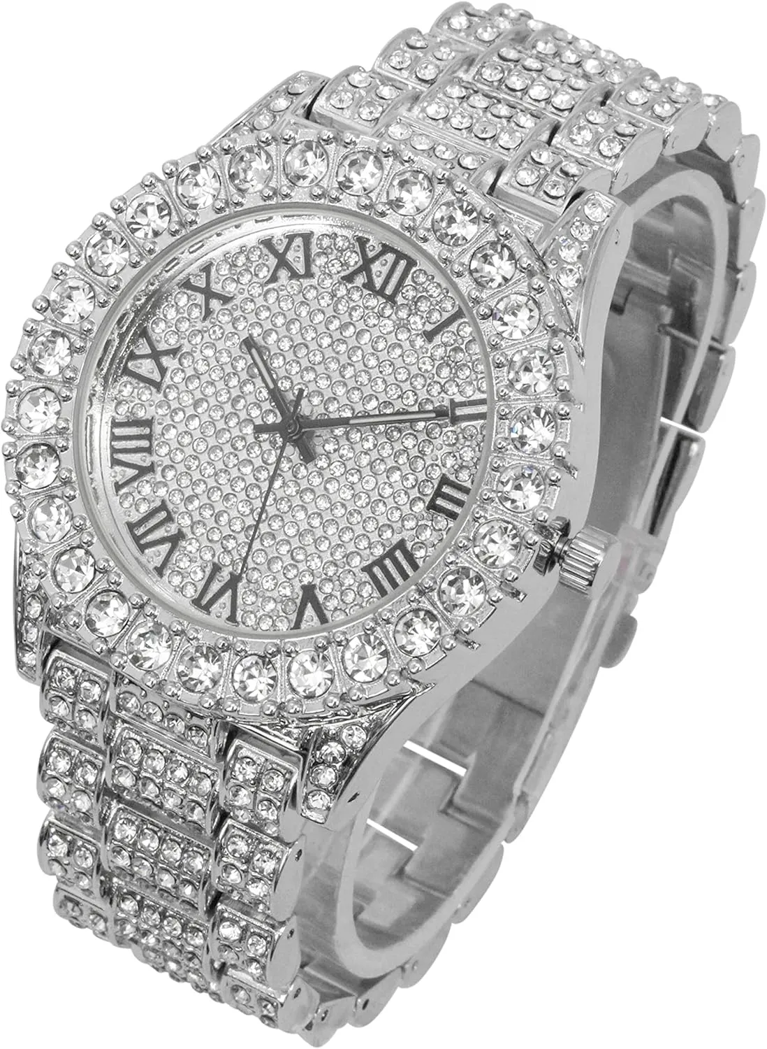 Charles Raymond Mens Silver Big Rocks with Roman Numerals Fully Iced Out Colorful Dial Watch w/Bling'ed Out Cuban Shiny Silver Bracelet - ST10327 RN Cuban