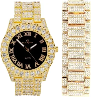 Charles Raymond Mens Silver Big Rocks with Roman Numerals Fully Iced Out Colorful Dial Watch w/Bling'ed Out Cuban Shiny Silver Bracelet - ST10327 RN Cuban