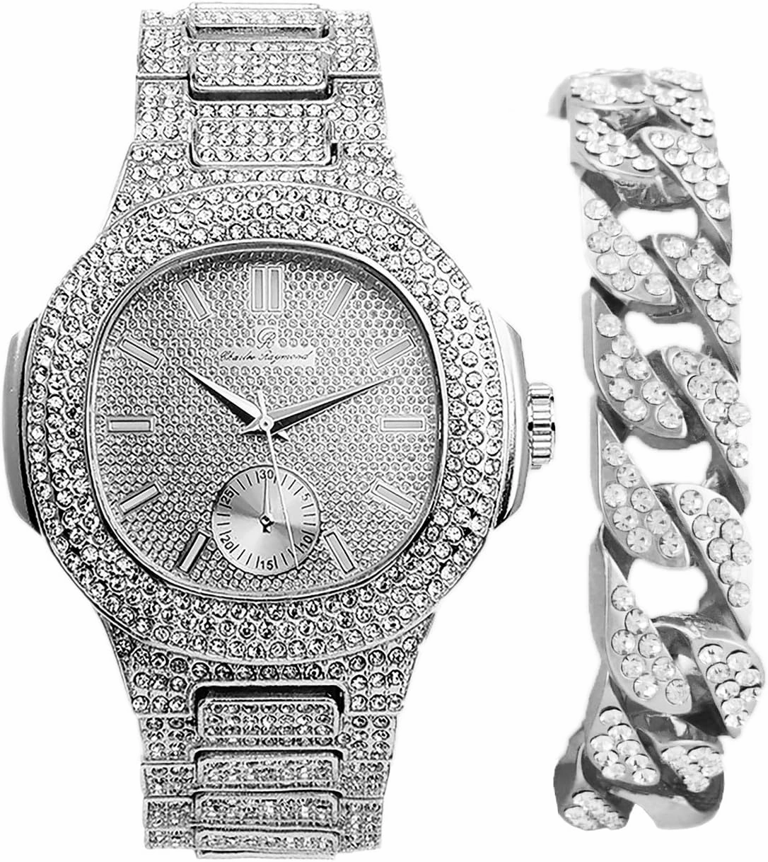 Charles Raymond Bling-ed Out Bracelet with Oblong Iced Look Hip Hop Watch - 8475BC Cuban