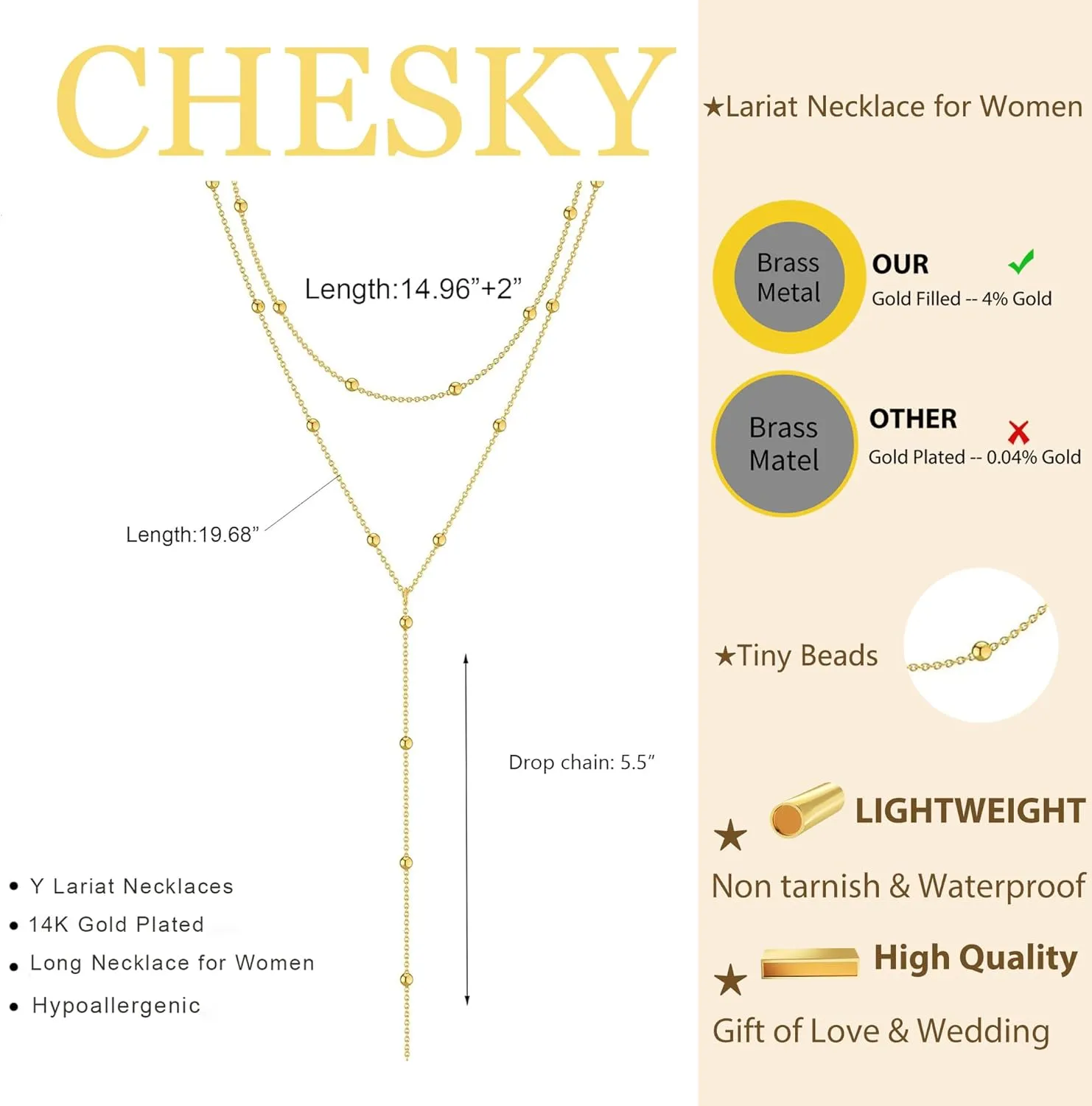 CHESKY Long Gold Necklace for Women, Layered Lariat Necklaces 14k Gold Plated/Silver Dainty Drop Necklaces for Women Trendy Simple Non Tarnish Chain Necklace Statement Y-Shaped Jewelry Gift Wedding