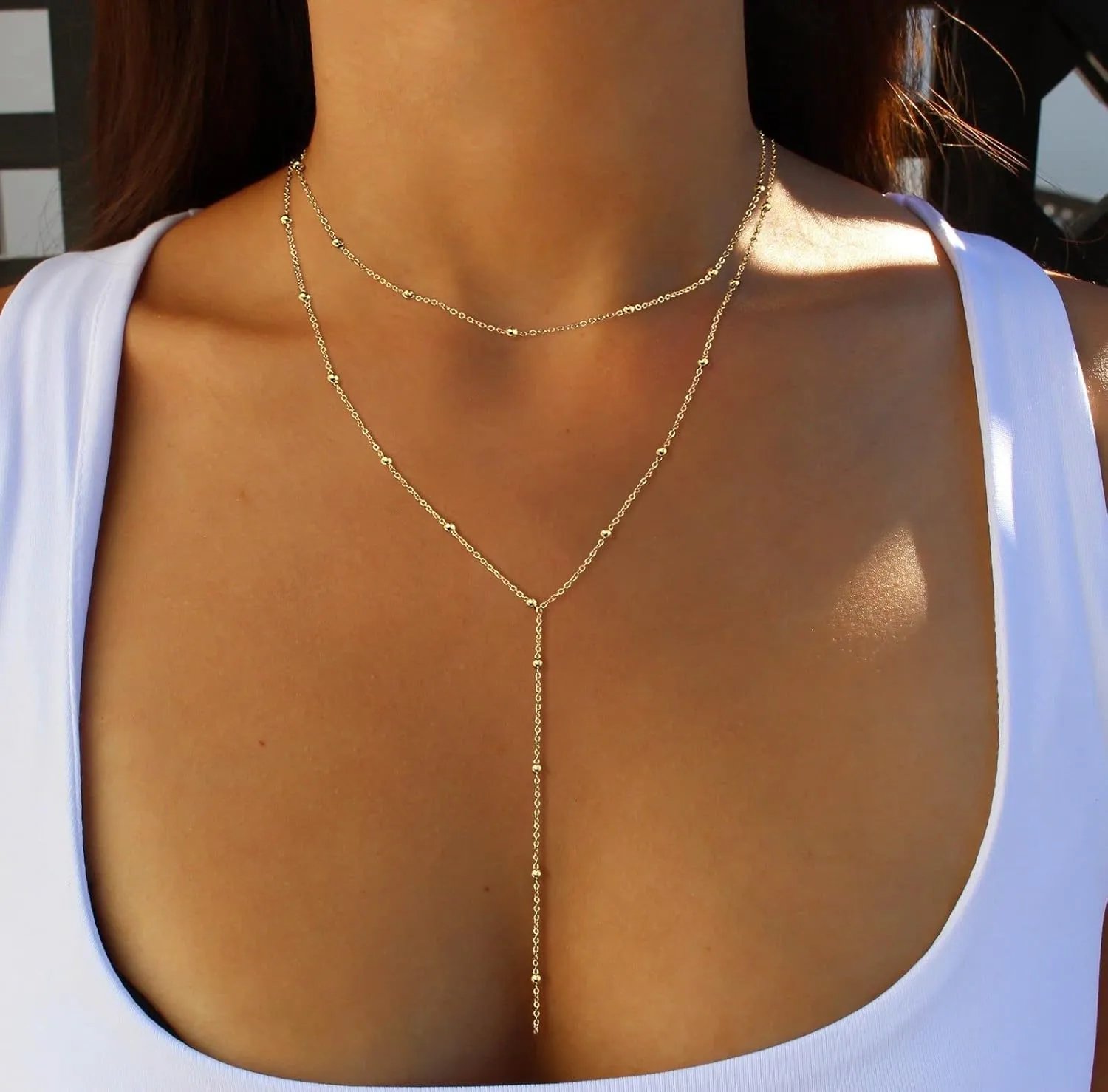 CHESKY Long Gold Necklace for Women, Layered Lariat Necklaces 14k Gold Plated/Silver Dainty Drop Necklaces for Women Trendy Simple Non Tarnish Chain Necklace Statement Y-Shaped Jewelry Gift Wedding