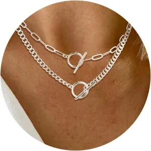 CHESKY Silver Layered Necklaces for Women, 14K Gold/Silver Plated Chain Necklaces for Women Trendy Chunky Paperclip Chain Necklace Dainty Sterling Silver Toggle Necklaces Set Jewelry for Her