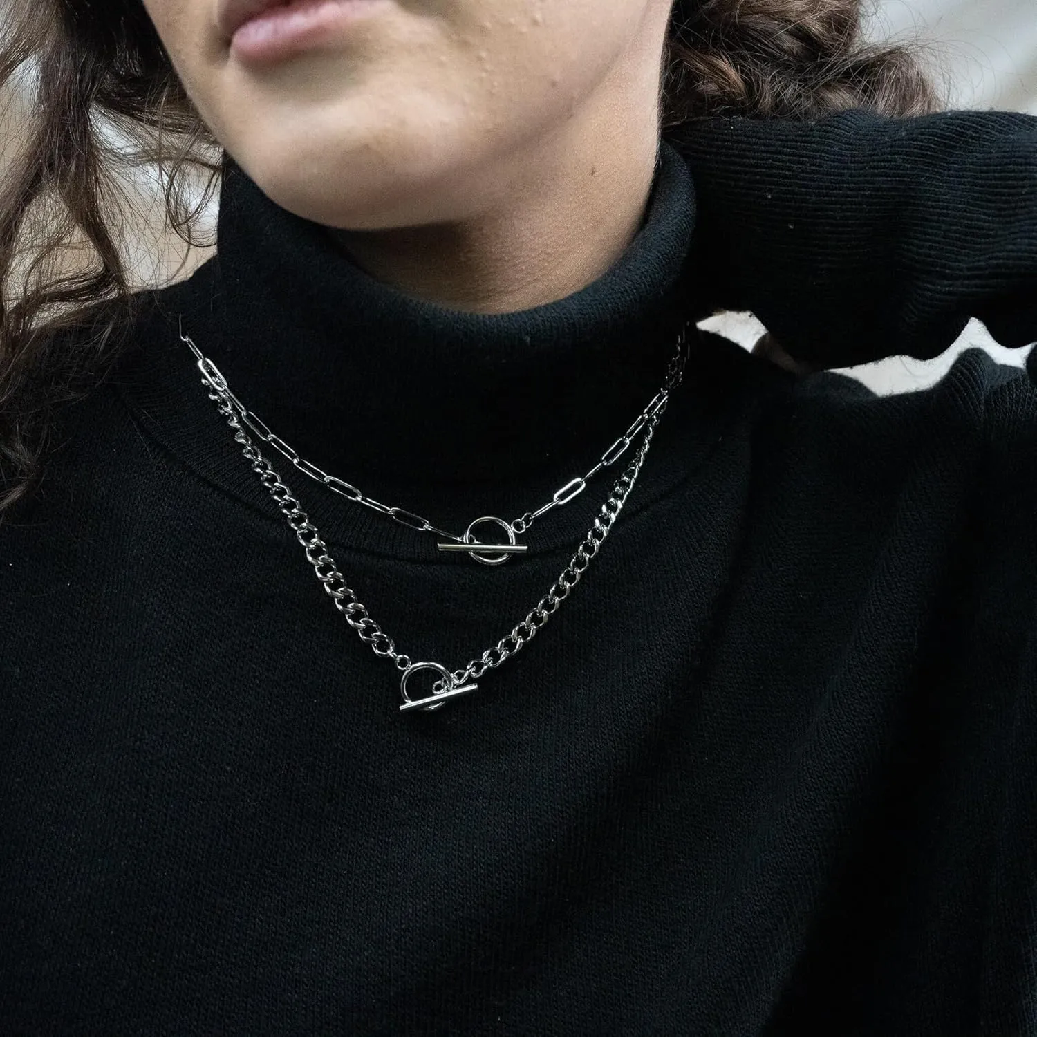 CHESKY Silver Layered Necklaces for Women, 14K Gold/Silver Plated Chain Necklaces for Women Trendy Chunky Paperclip Chain Necklace Dainty Sterling Silver Toggle Necklaces Set Jewelry for Her